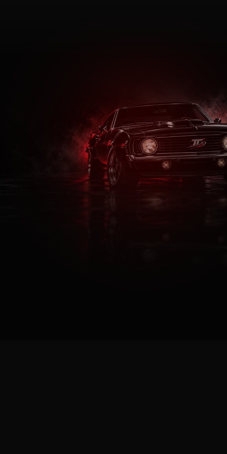 Black muscle car with red lighting on wet asphalt