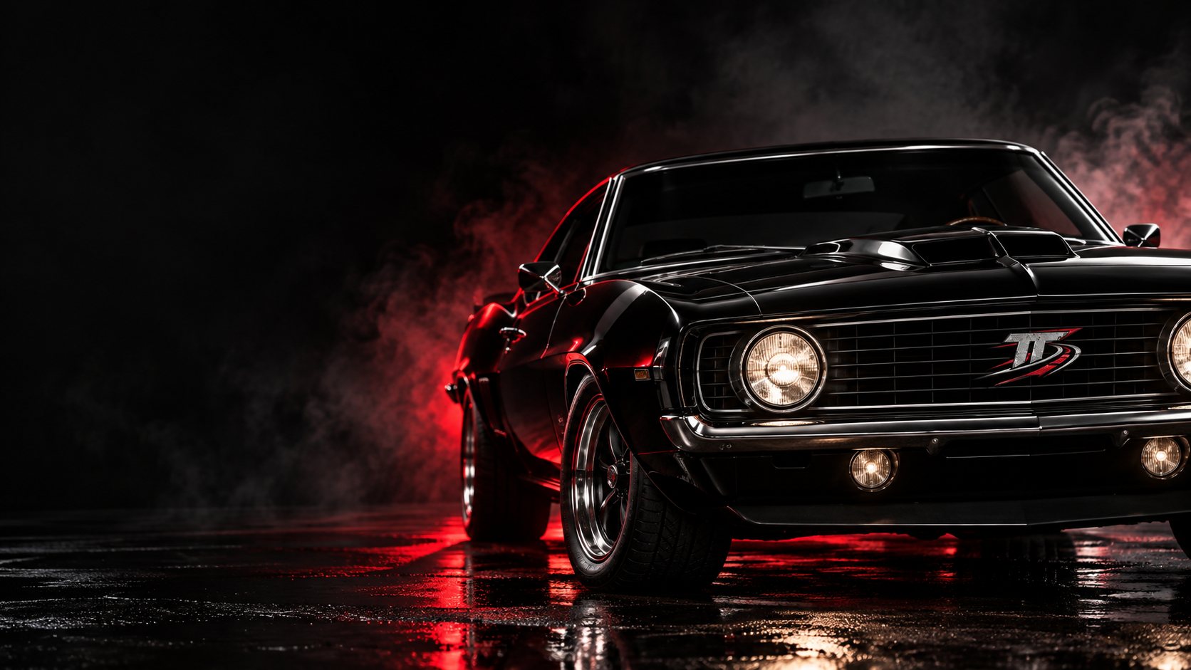Black muscle car with red lighting on wet asphalt